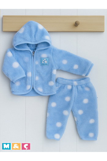 MÇ FAMİLY STORe White Polka Dots Soft Welsoft Plush Zippered Hooded Jacket and Pants Girls Boys Baby Set