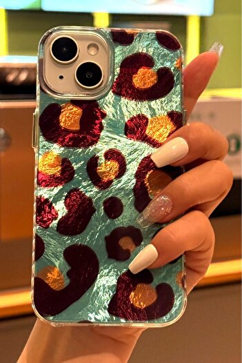 Fibaks iPhone 13/14/15 Case Holographic Blue Leopard Pattern Shock-Absorbing Camera Protection Silicone