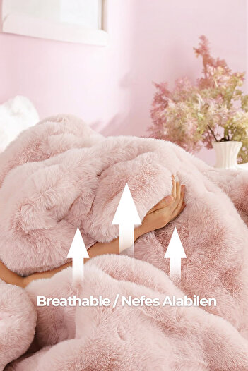 Evlen Home Collection Kürk Yatak Örtüsü Çift Kişilik Dolgulu Peluş Yumuşak Çift Taraflı Yorgan 3 Parça Lory Pudra