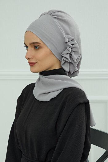 Aisha's Design Aerobin Ready-Made Turban with Side Ruffles, Ht-73A, Gray