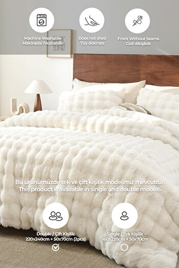 Evlen Home Collection Yatak Örtüsü Çift Kişilik Peluş Yumuşak Çift Taraflı Yorgan 3 Pcs Lory Kırık Beyaz Krem