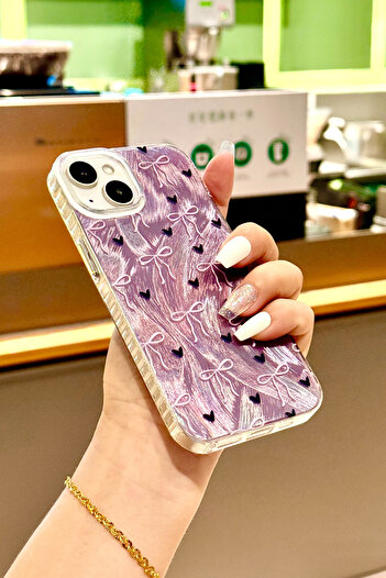 Fibaks iPhone 13/14/15 Kılıf Hologramlı Siyah Kalp Mor Fiyonk Desenli Darbe Emici Kamera Korumalı Silikon