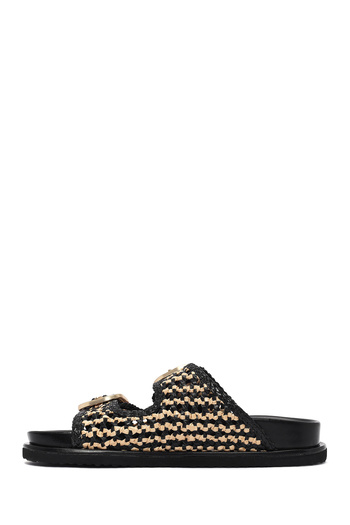 Derimod Women's Black Double Buckle Straw Leather Slippers 25Sfd5506M7