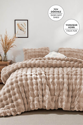 Evlen Home Collection Kürk Yatak Örtüsü Çift Kişilik Dolgulu Peluş Yumuşak Çift Taraflı Yorgan 3 Parça Lory Kahve