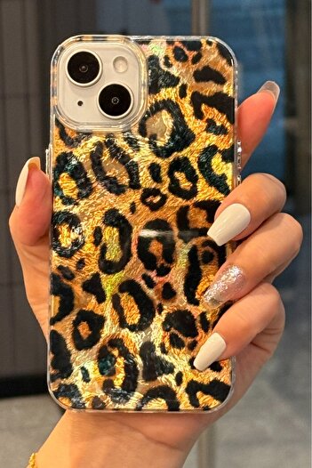 Fibaks iPhone 13/14/15 Case Holographic Brown Leopard Pattern Shock-Absorbing Camera Protection Silicone