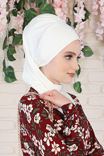 Aisha's Design Ready-Made Combed Cotton Turban with Side Ruffles, Ht-73, Cream