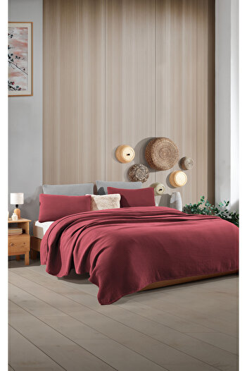 destinyhometex Claret Red Single Size 160 x 240cm Bedspread/1 Piece 50x70cm Pillow 4 Layers Multi Muslin 100% Cotton