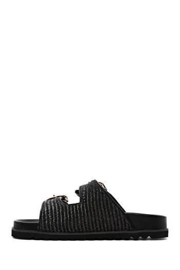 Derimod Women's Black Double Buckle Straw Slippers 25Sfd4402M7