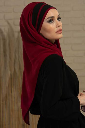 Ayşe Tasarım Practical Chiffon Shawl with Colorful Stripe Detail, Cps-83, Cps-83, Burgundy - Black
