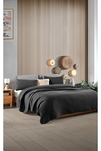 destinyhometex Black Single Size 160 x 240cm Bedspread/1 Piece 50x70cm Pillow 4 Layers Multi Muslin 100% Cotton