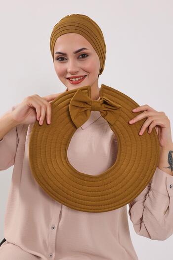 Aisha's Design Χτενισμένο βαμβακερό τουρμπάν με αποσπώμενο καπέλο με φιόγκο στην πλάτη, S-4, Σκούρο μουστάρδα