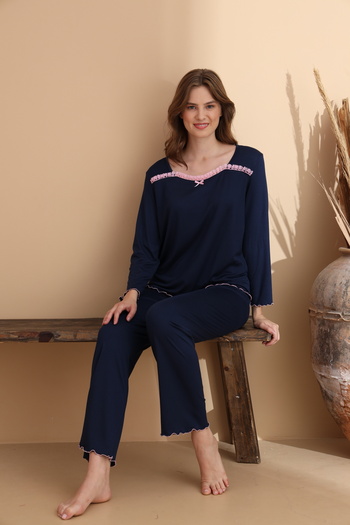 ELİTOL Navy Blue Milan Soft Knitted Lycra Long Sleeve Women's Lace Pajama Set