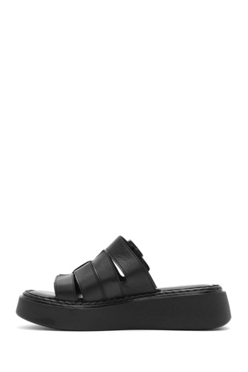 Derimod Women's Black Buckle Thick Soled Leather Comfort Slippers 25Sfd 341318
