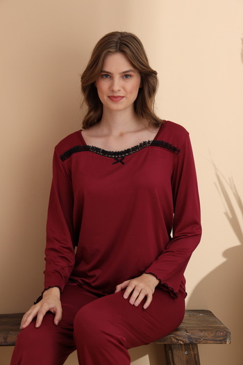 ELİTOL Burgundy Milan Soft Knitted Lycra Long Sleeve Women's Lace Pajama Set