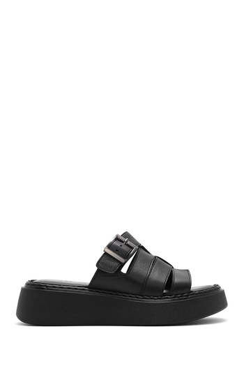Derimod Women's Black Buckle Thick Soled Leather Comfort Slippers 25Sfd 341318