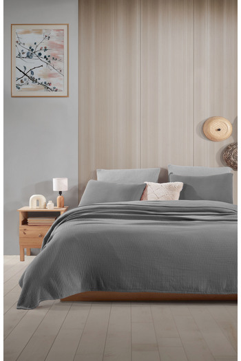 destinyhometex Dark Gray Single Without Fringe 180 X 240cm Pique/Bedspread/1 Piece 50X70Cm Pillow 4 Layers 100% Cotton