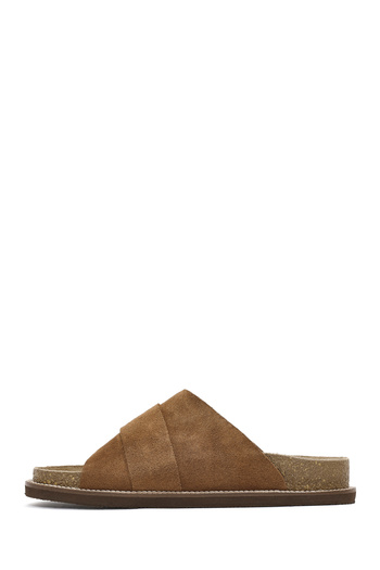 Derimod Women's Tan Strapped Suede Leather Slippers 25Sfd 306110