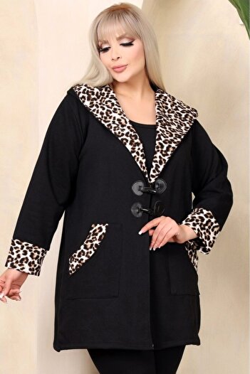 Kheos Leopard Pattern Detailed Comfortable and Flowy Cardigan with Hooded Pockets