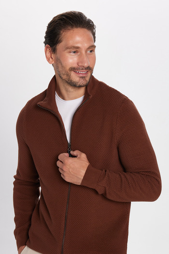 Tudors Men's Slim Fit Slim Fit Patterned Half Turtleneck Zippered Brown Cardigan