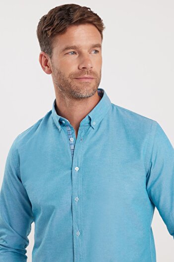 Tudors Men's Oxford Texture Turquoise Slim Fit Shirt - Long Sleeve, Buttoned Collar