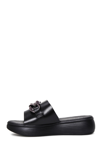 Derimod Women's Black Thick Sole Chain Leather Slippers 25Sfd 330518
