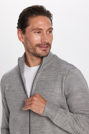 Tudors Men's Slim Fit Slim-Fitting Light Gray Stand Collar Zippered Plain Cardigan