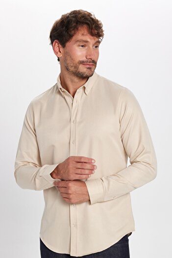 Tudors Men's Slim Fit Slim Fit Cotton Easy Ironing Cream Buttoned Lapel Shirt