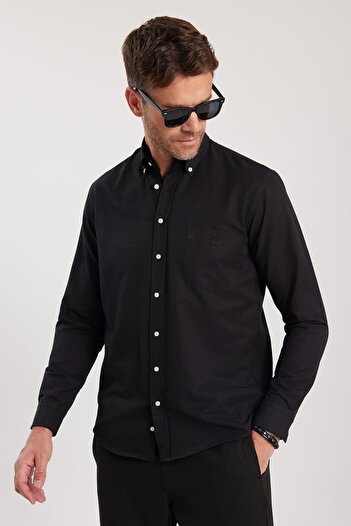Tudors Men's Regular Fit Classic Cut Oxford Texture Lapel Button Pocket Embroidery Black Shirt
