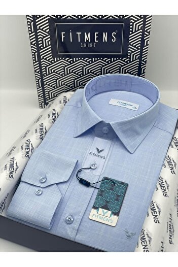 Fitmens Classic Long Sleeve Linen Collar Buttoned Bottom Men's Shirt with Gift Box Fs-003686 - Light Blue