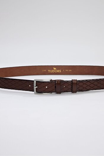 Tudors 100% Genuine Leather - 3.5 cm Patterned Classic Tan Belt for Men