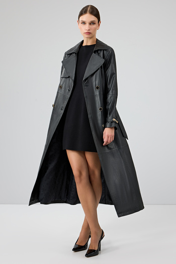 Derimod Jenny -X Women's Black Double Breasted Lapel Leather Top Coat 24Wge52631M
