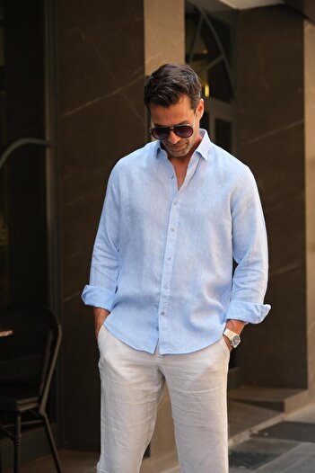 Fitmens Slim Fit Uzun Kol %100 Keten Nefes Alabilen Kumaştan Hediye Kutulu Erkek Gömlek FS-004170 - Mavi