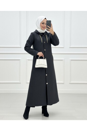 Modamorfo Long Quilted Coat with Chain Detail on Collar - Black