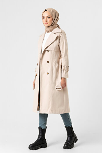 Zeneva Collection Taş Rengi - %100 Pamuk Uzun (110CM) Astarlı Kadın Tesettür Trençkot 1111-TES