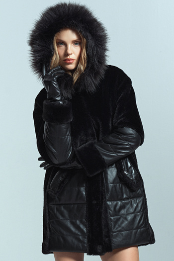 Derimod Virginia Women's Black Hooded Long Teddy Coat 23Wge51311M