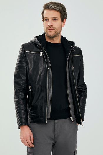 Derimod Danger Black Men's Hooded Sport Leather Jacket 23SGD6475VE