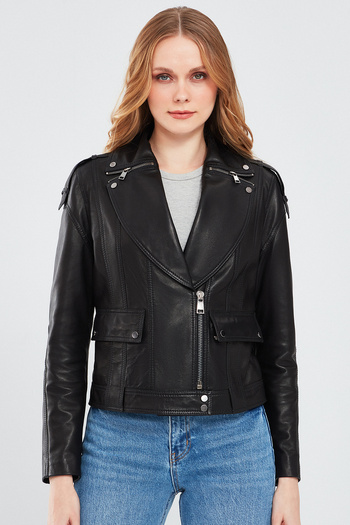 Derimod Reina Women's Black Biker Leather Jacket 24Sgd5186Ve