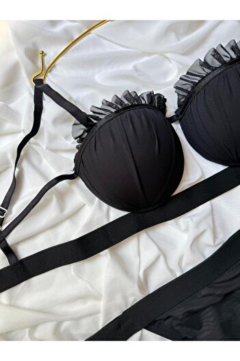 Lunary Satină Susținut model de stridii Dantelă Sutien cu Bărsă Panty Set - Lenjerie de corp pentru femei