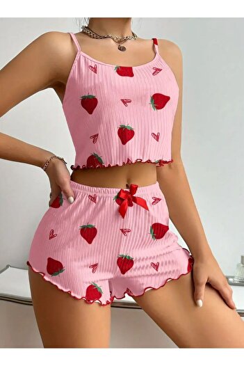Blizard Carnation Pink Ruffled Cotton Heart Patterned Shorts Pajama Set