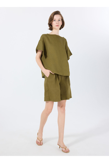Sisley Women's Dark Khaki 100% Linen High Waist Bermuda Shorts with Pleat Detail