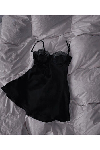 ARONA Νυχτικό Babydoll Sattens Μαύρο Δαντελένιο στήθος