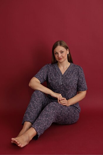 Temporium Large Size Lace Collar Short Sleeve Bamboo Pajamas Set