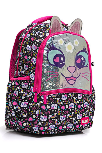 Wia Sweet Cat 3 Compartment Black School Backpack