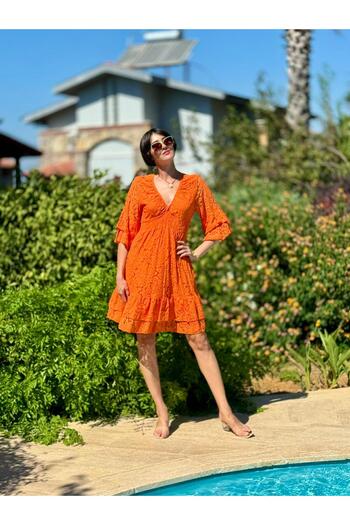 Punta Otantik Pt1355 Italian Lace Mini Dress Orange