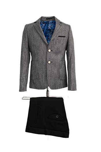 Micio Boy's Anthracite Herringbone Pattern Metal Button Bag Pocket Jacket Black Pants Suit