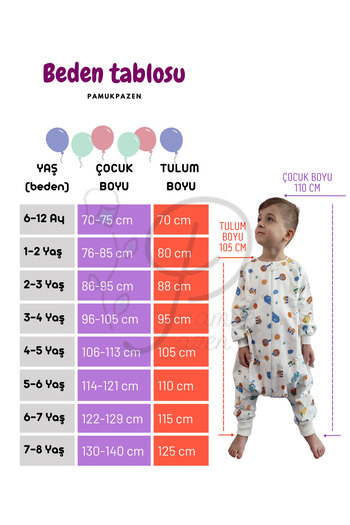 RUKİYE YAVUZ Pamuk Pazen Kollu Kışlık Erkek Bebek Çocuk Uyku Tulumu %100 Pamuk Özel Tasarım 20-24 Derece 1 Tog