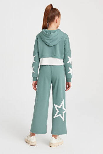AHENGİM Girl's Star Printed Hooded Top and Bottom Set Ak13536