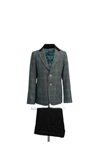 Micio Boy's Green Plaid Button Bag Pocket Jacket Black Pants Suit