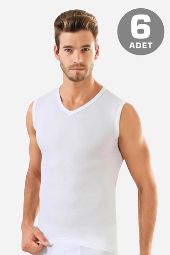 Arma Yıldız 6 Pieces White Sleeveless Men's Athlete V-Neck Zero Sleeve T-Shirt 100% Cotton
