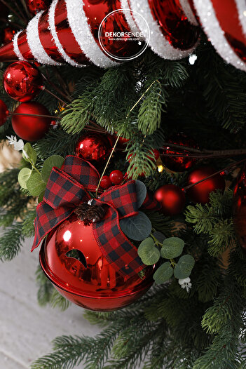 Dekorsende Christmas Ornament Plaid Ribbon Rattle Ball Red 15 cm